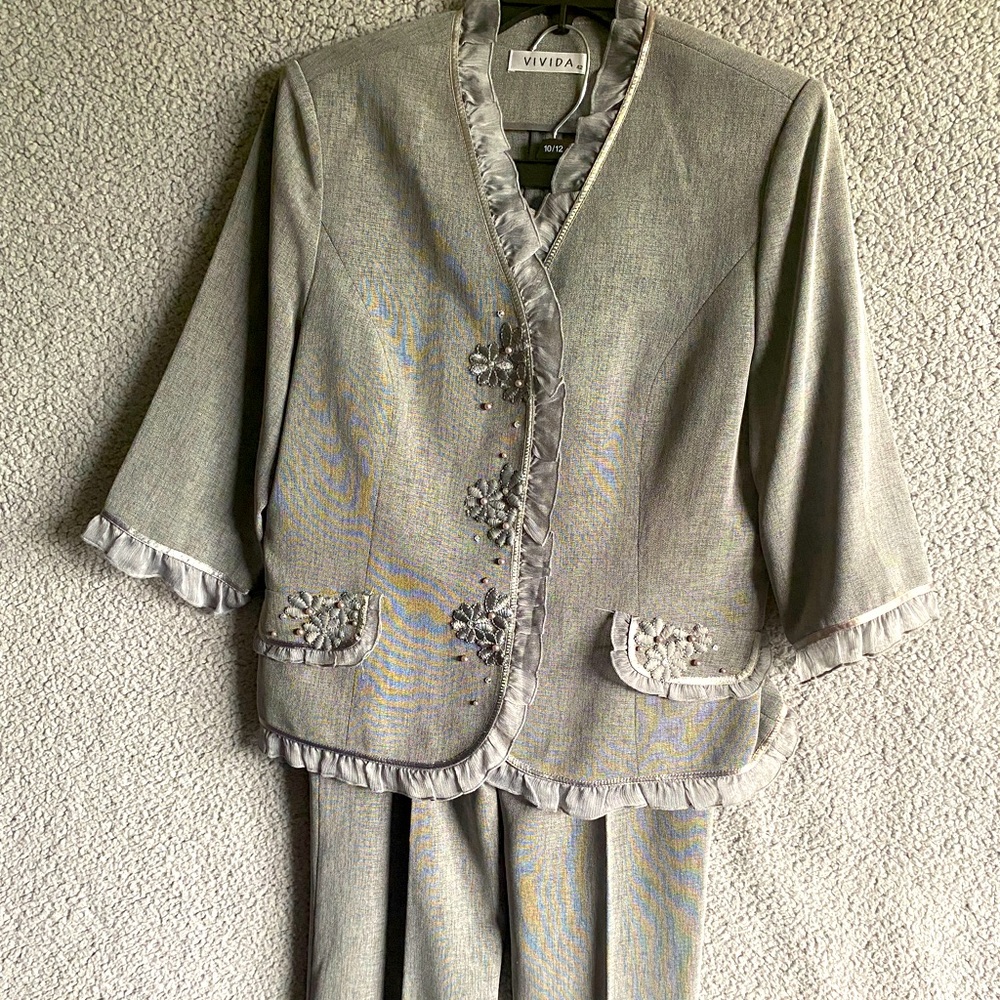 Vivida Womens 2 Piece Pantsuit Size 42 Gray Career Office Academia vtg